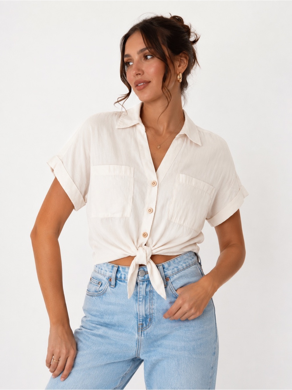 Joie Cream White Button Front Tie Hem Cropped Blouse - Size XS
